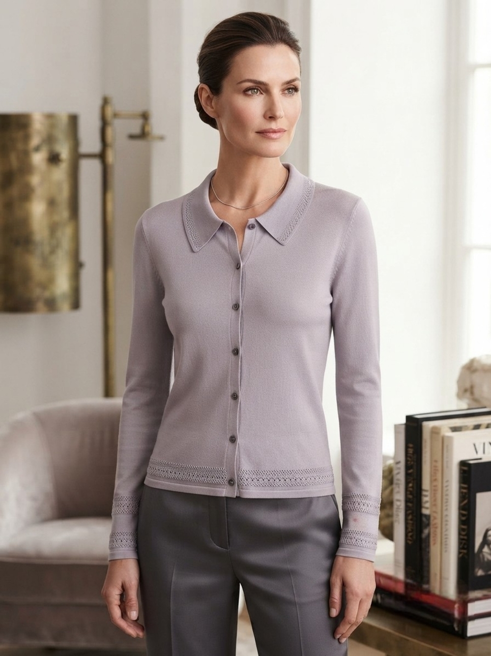 Liz Claiborne Collection Vintage 100% Silk Knit Polo Cardigan Sweater Grey Sz L